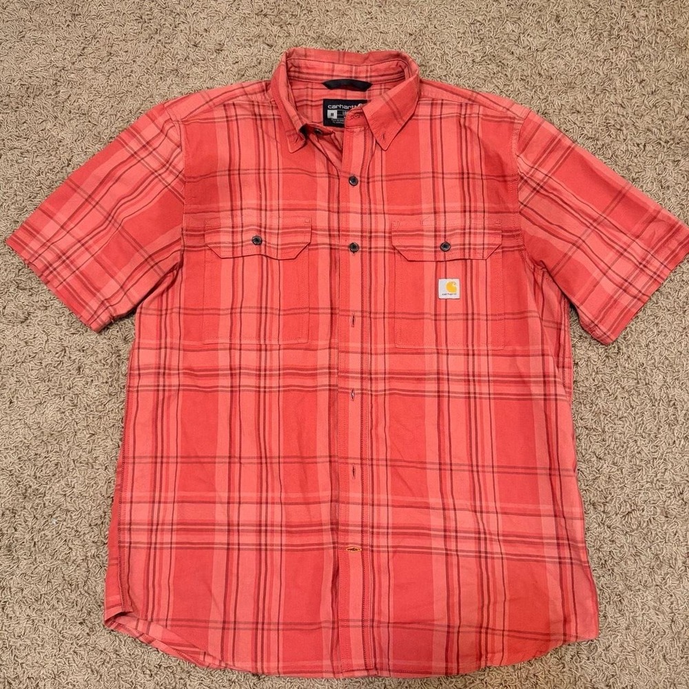 Carhartt Mens Loose Fit Short Sleeve Plaid Work Shirt Red Orange Medium